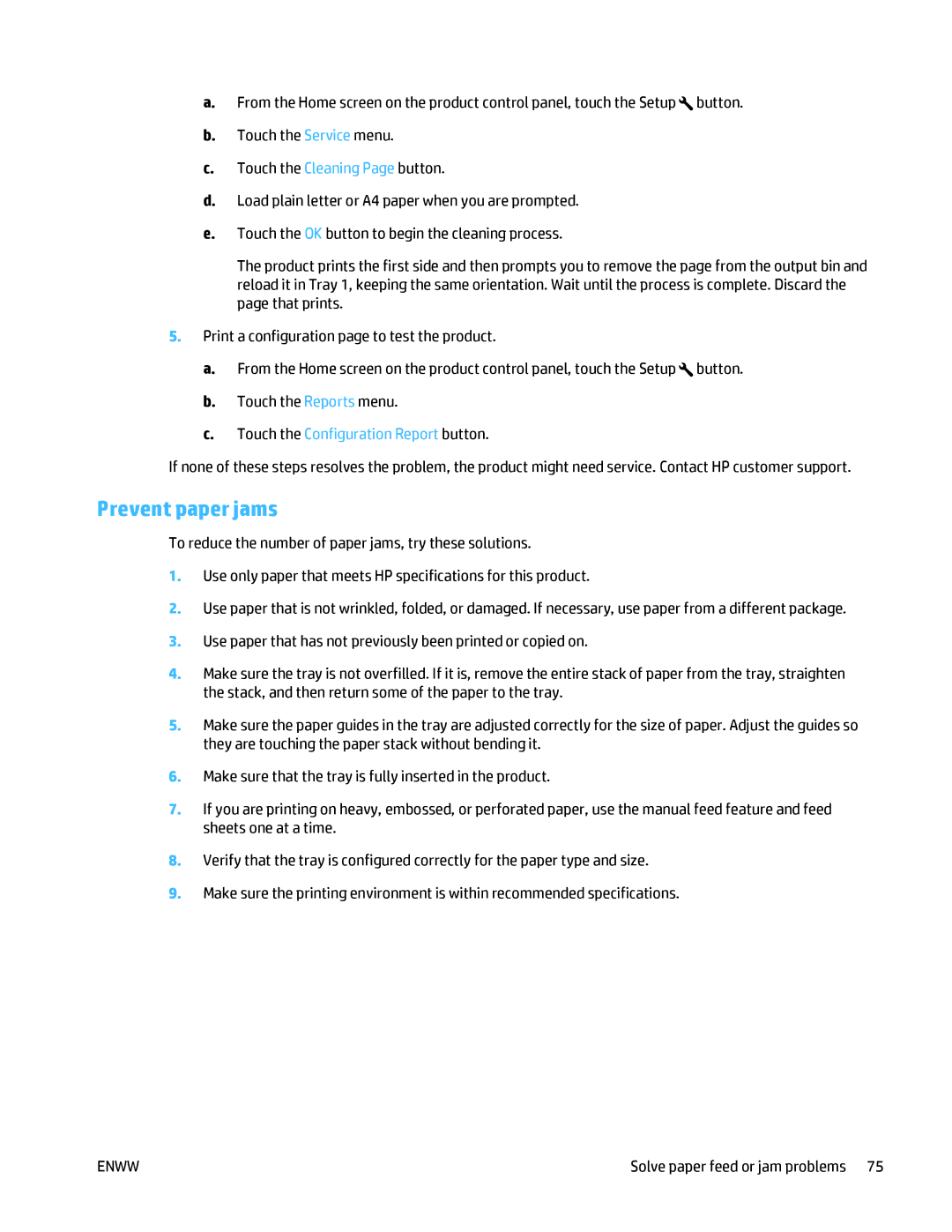 HP MFP M125 manual Prevent paper jams, Touch the Configuration Report button 