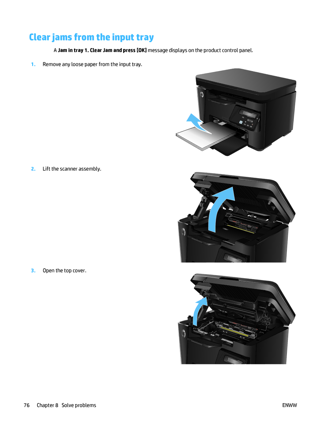 HP MFP M125 manual Clear jams from the input tray 