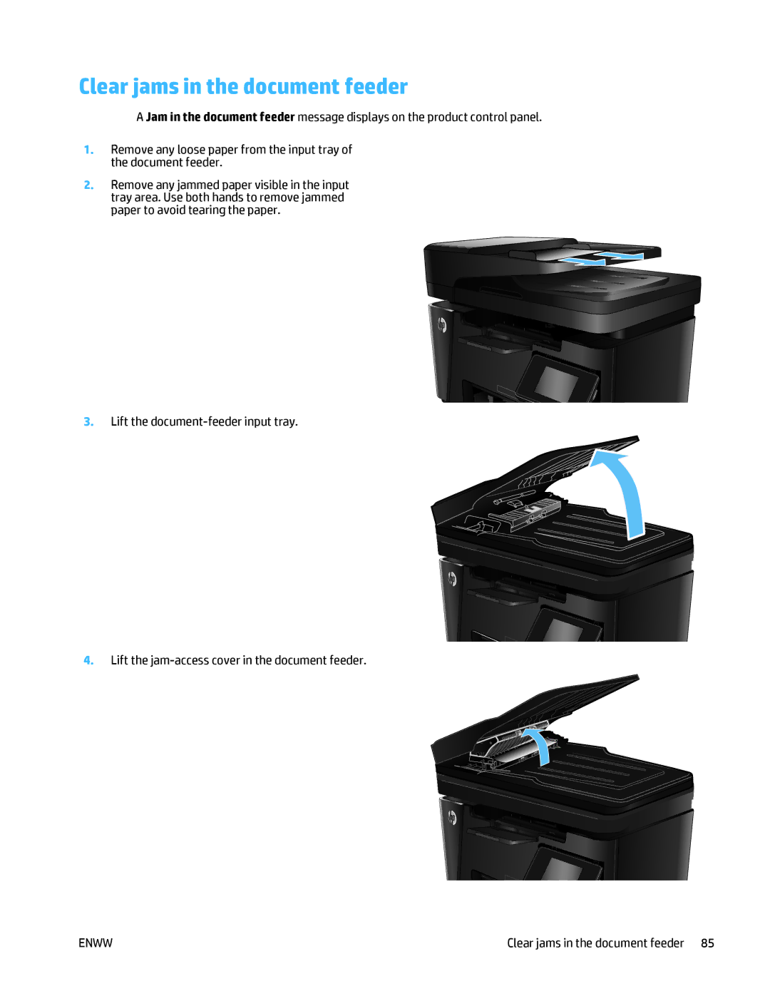 HP MFP M125 manual Clear jams in the document feeder 