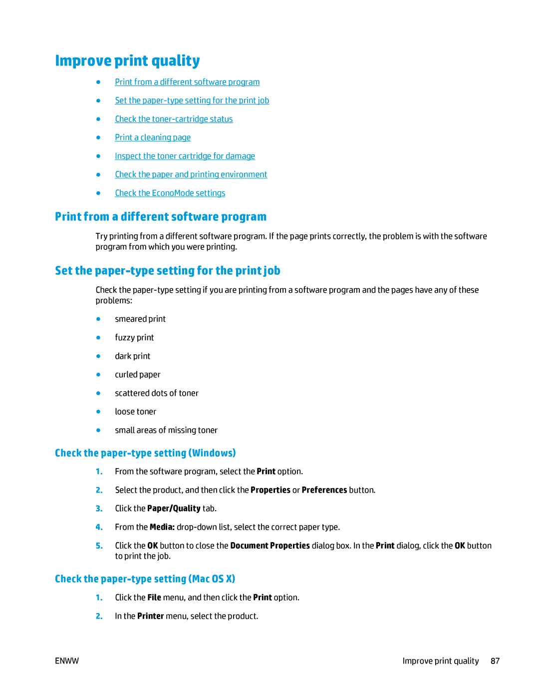 HP MFP M125 Improve print quality, Print from a different software program, Set the paper-type setting for the print job 