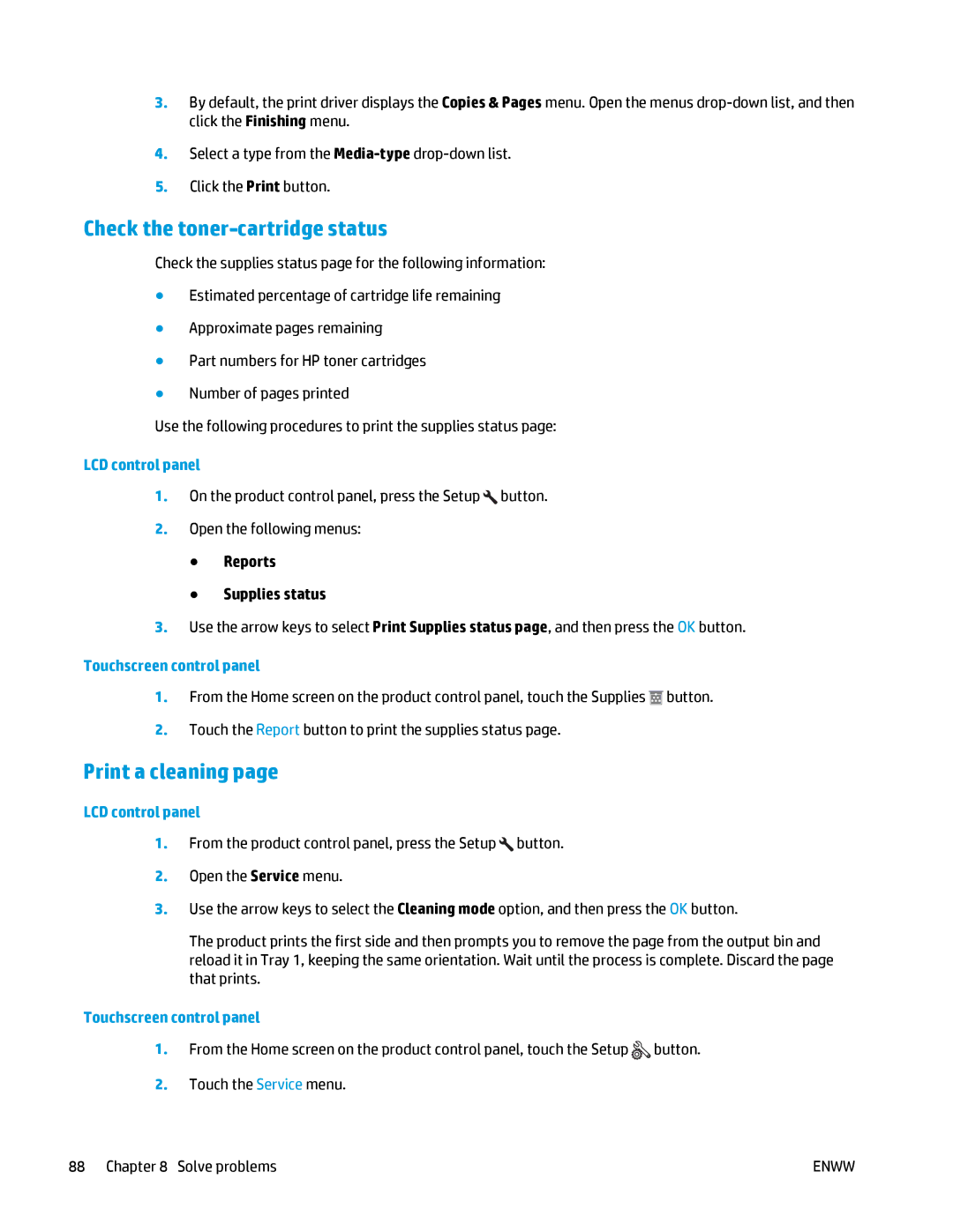 HP MFP M125 manual Check the toner-cartridge status, Print a cleaning 