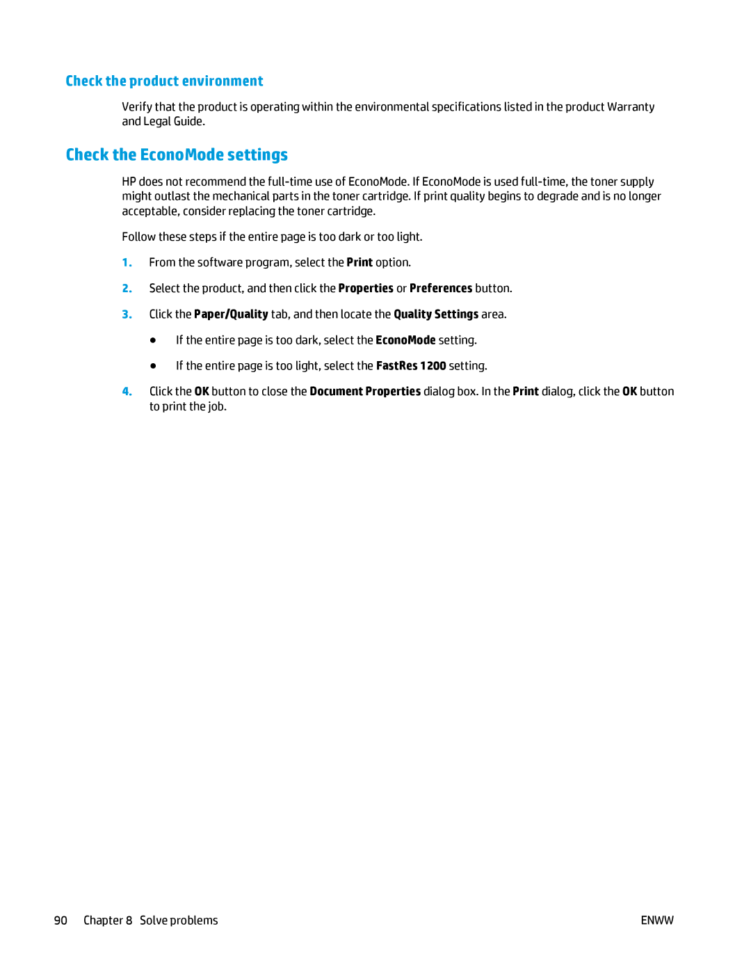 HP MFP M125 manual Check the EconoMode settings, Check the product environment 