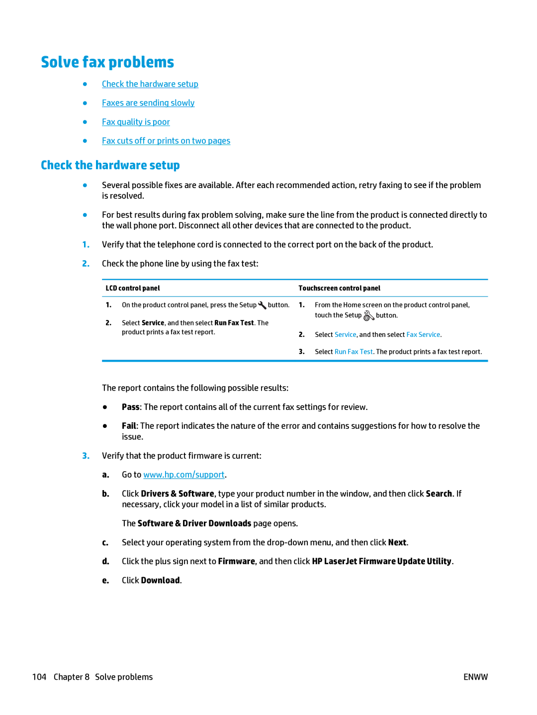 HP Mfp M127fn CZ181ABGJ manual Solve fax problems, Check the hardware setup 