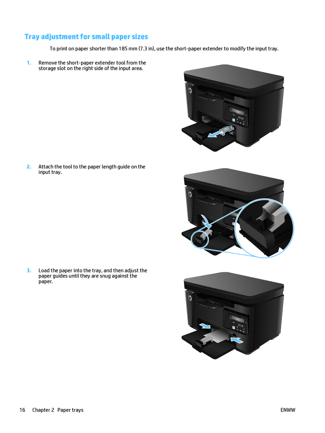 HP Mfp M127fn CZ181ABGJ manual Tray adjustment for small paper sizes 