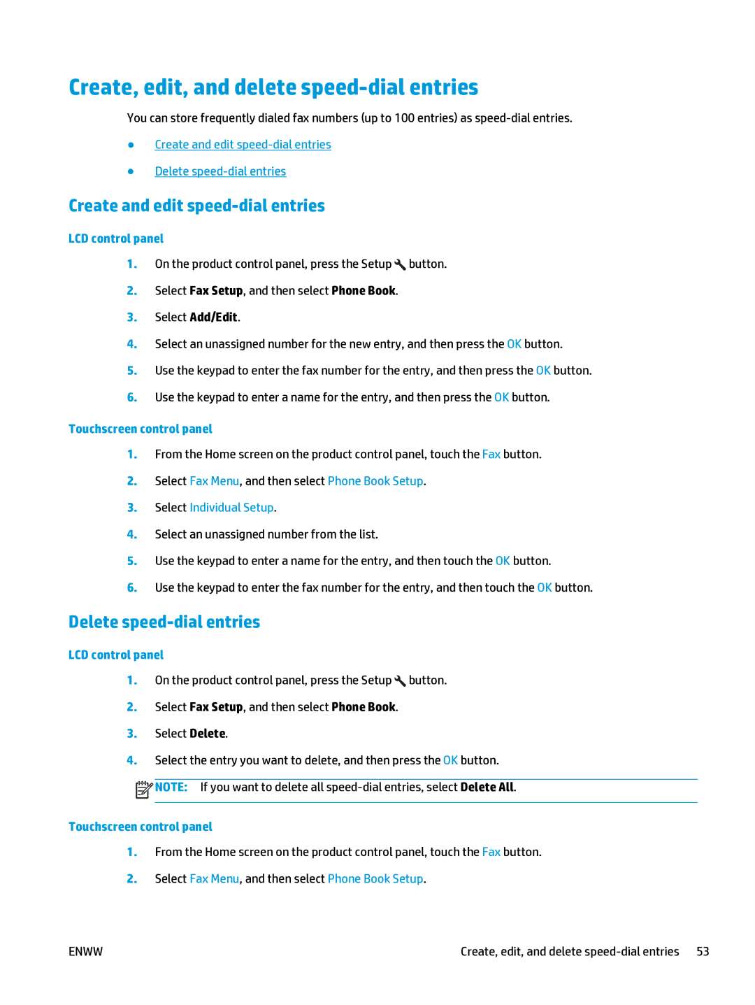 HP Mfp M127fn CZ181ABGJ manual Create, edit, and delete speed-dial entries, Create and edit speed-dial entries 