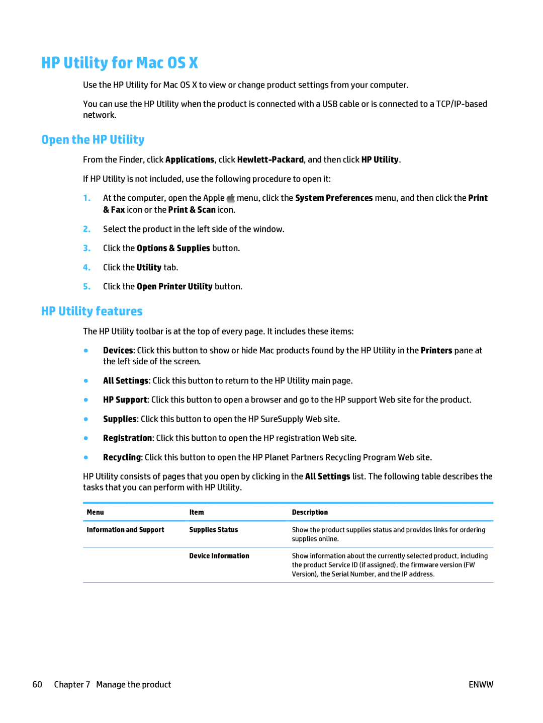 HP Mfp M127fn CZ181ABGJ manual HP Utility for Mac OS, Open the HP Utility, HP Utility features 