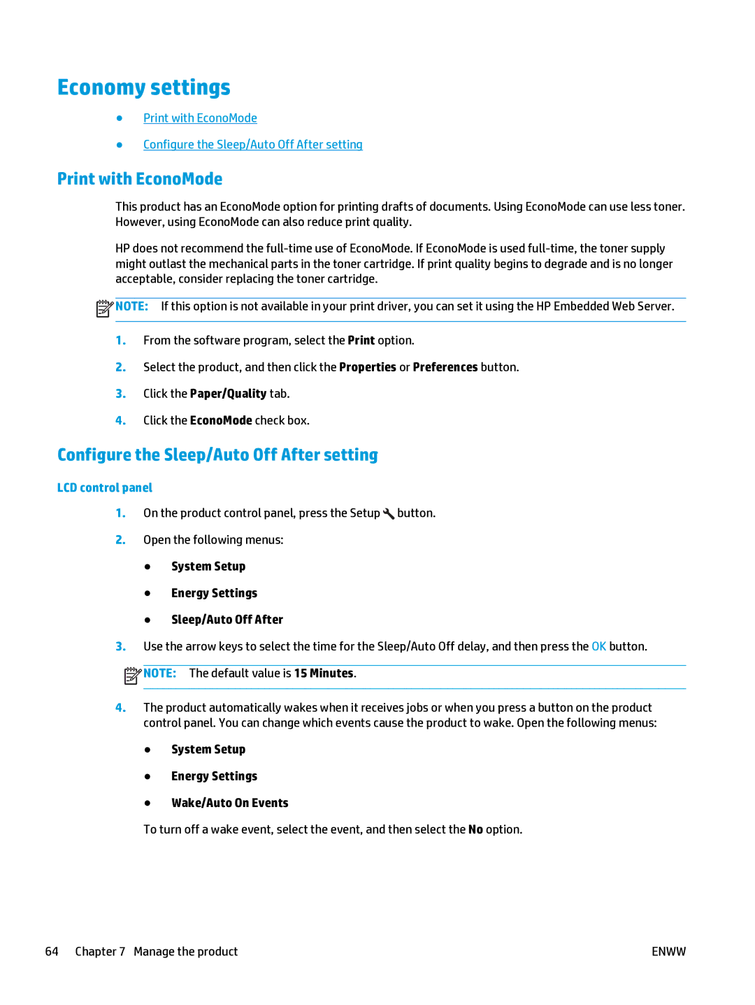 HP Mfp M127fn CZ181ABGJ manual Economy settings, Print with EconoMode, Configure the Sleep/Auto Off After setting 