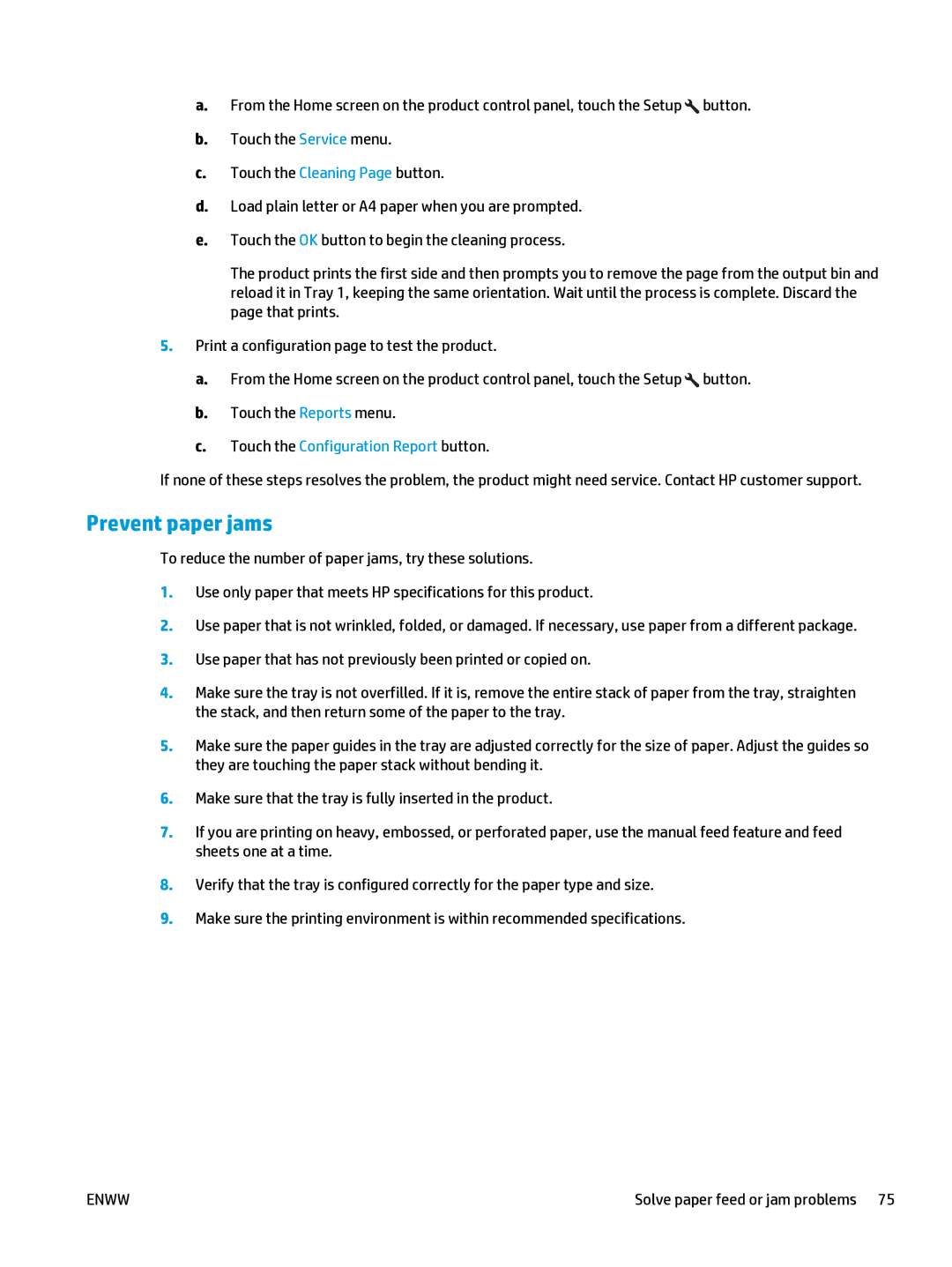 HP Mfp M127fn CZ181ABGJ manual Prevent paper jams, Touch the Configuration Report button 