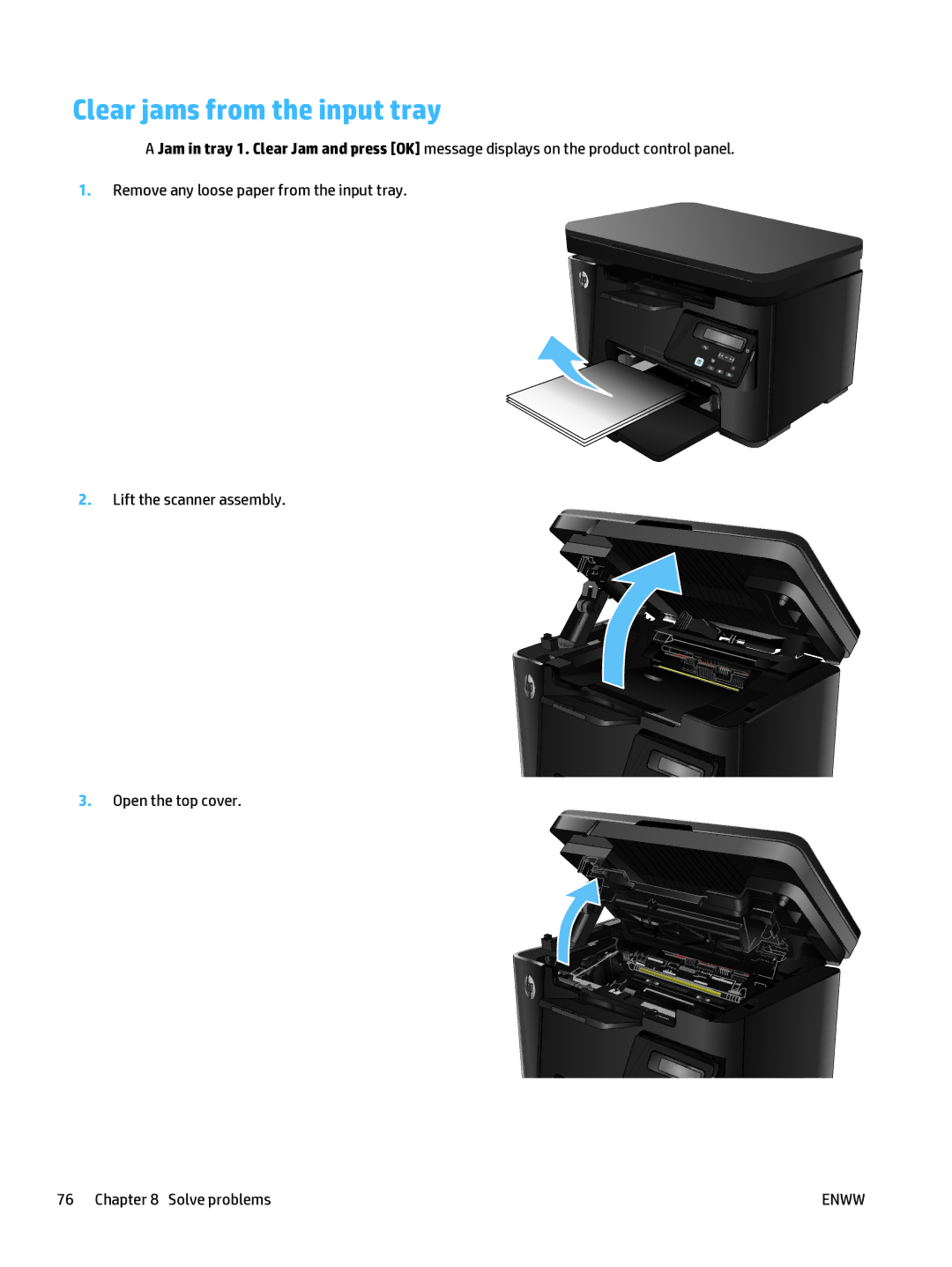 HP Mfp M127fn CZ181ABGJ manual Clear jams from the input tray 