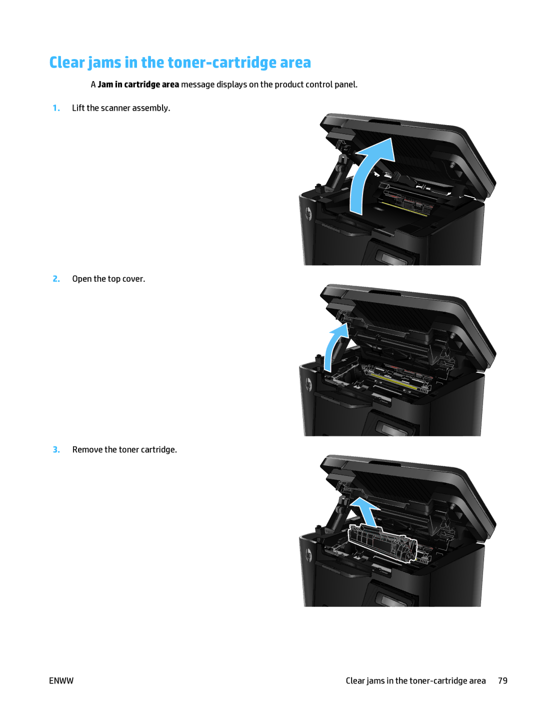 HP Mfp M127fn CZ181ABGJ manual Clear jams in the toner-cartridge area 