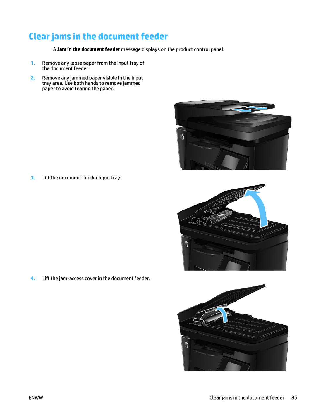 HP Mfp M127fn CZ181ABGJ manual Clear jams in the document feeder 