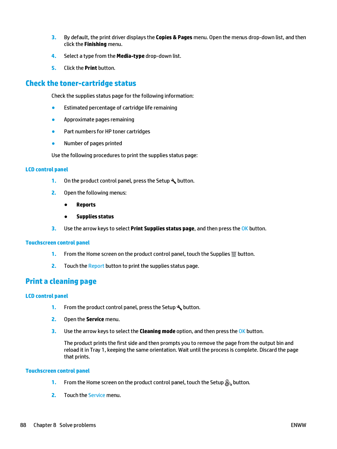 HP Mfp M127fn CZ181ABGJ manual Check the toner-cartridge status, Print a cleaning 