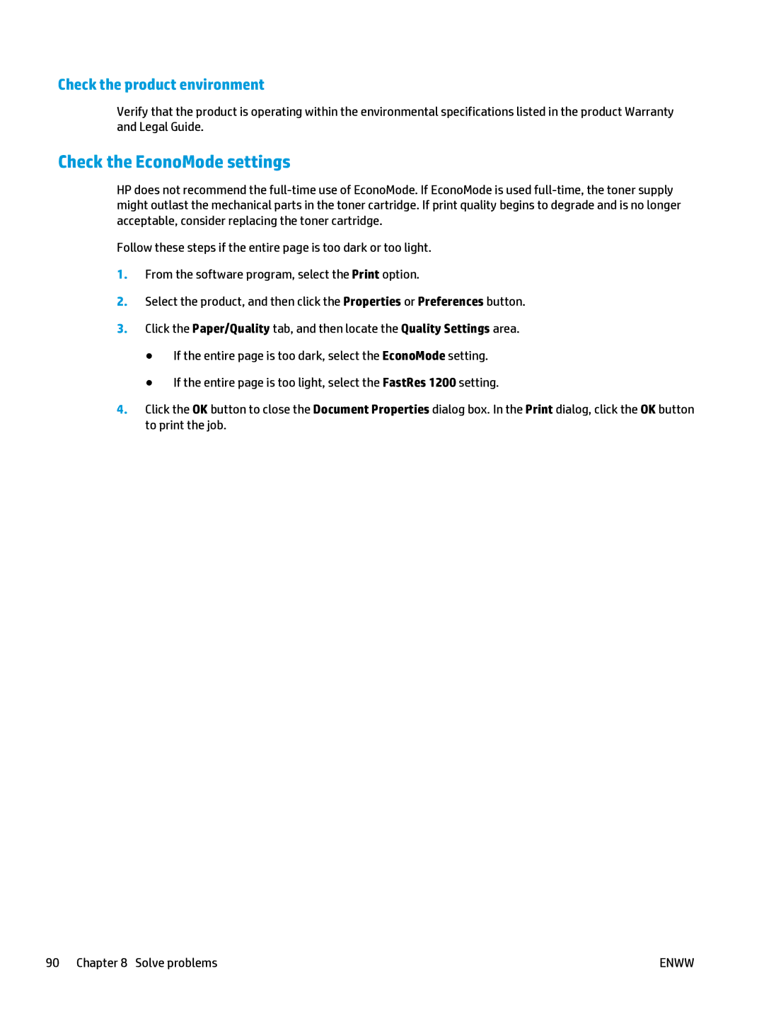 HP Mfp M127fn CZ181ABGJ manual Check the EconoMode settings, Check the product environment 