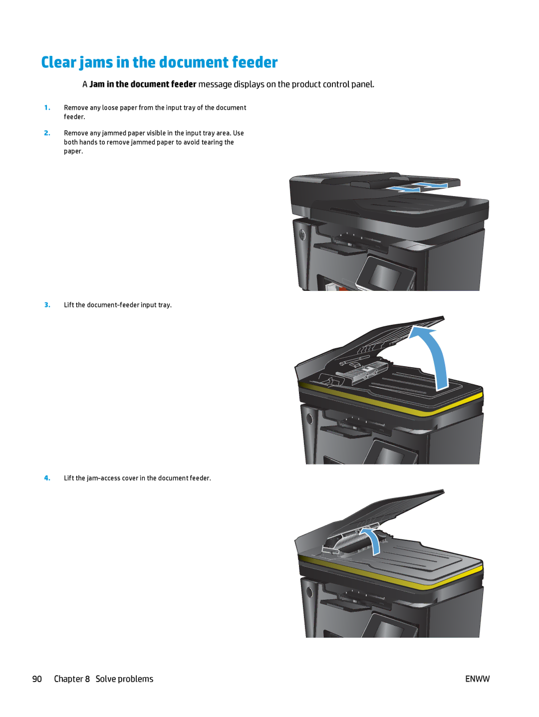 HP MFP M127fw, MFP M127fn manual Clear jams in the document feeder 