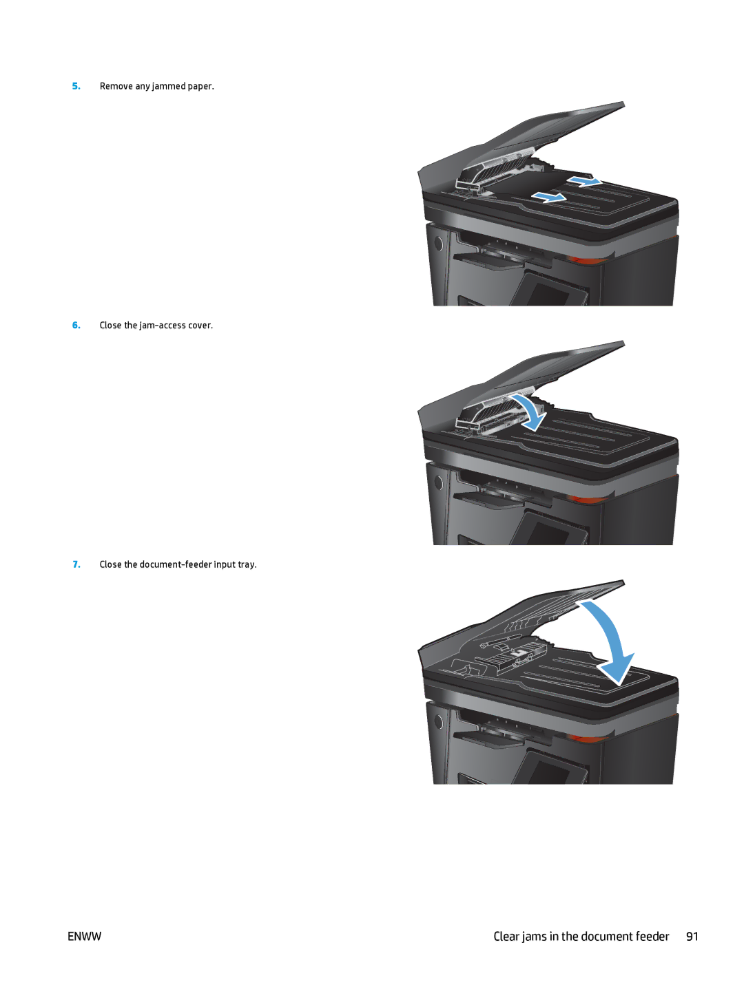 HP MFP M127fn, MFP M127fw manual Clear jams in the document feeder 