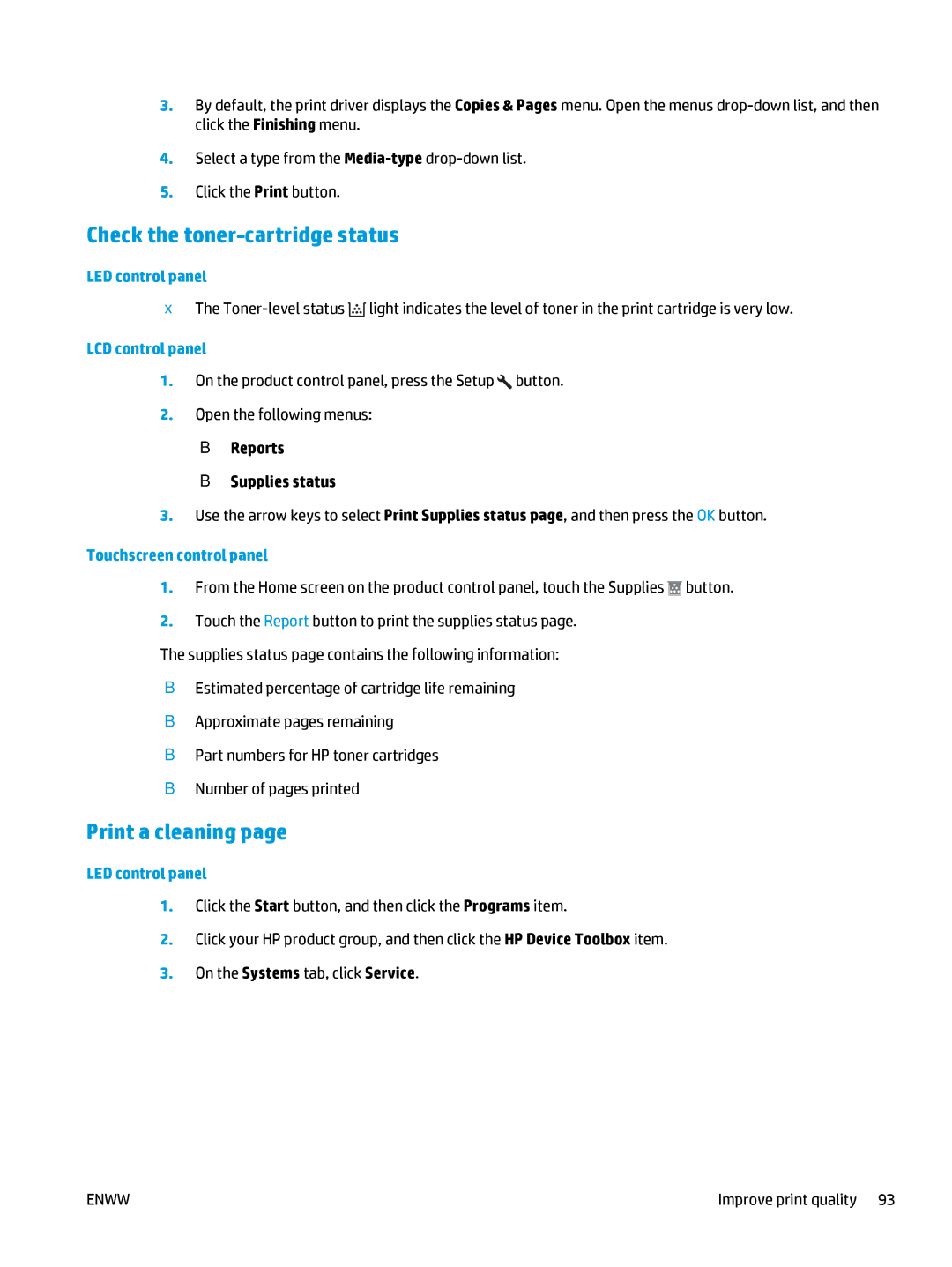 HP MFP M127fn, MFP M127fw manual Check the toner-cartridge status, Print a cleaning, Improve print quality 