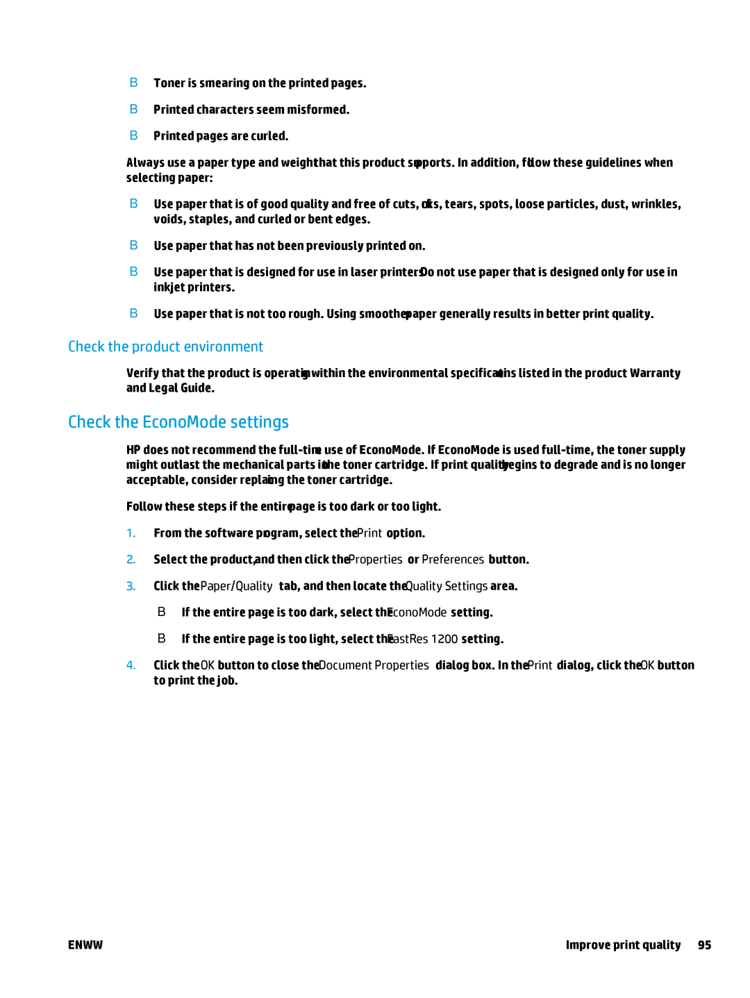 HP MFP M127fn, MFP M127fw manual Check the EconoMode settings, Check the product environment 