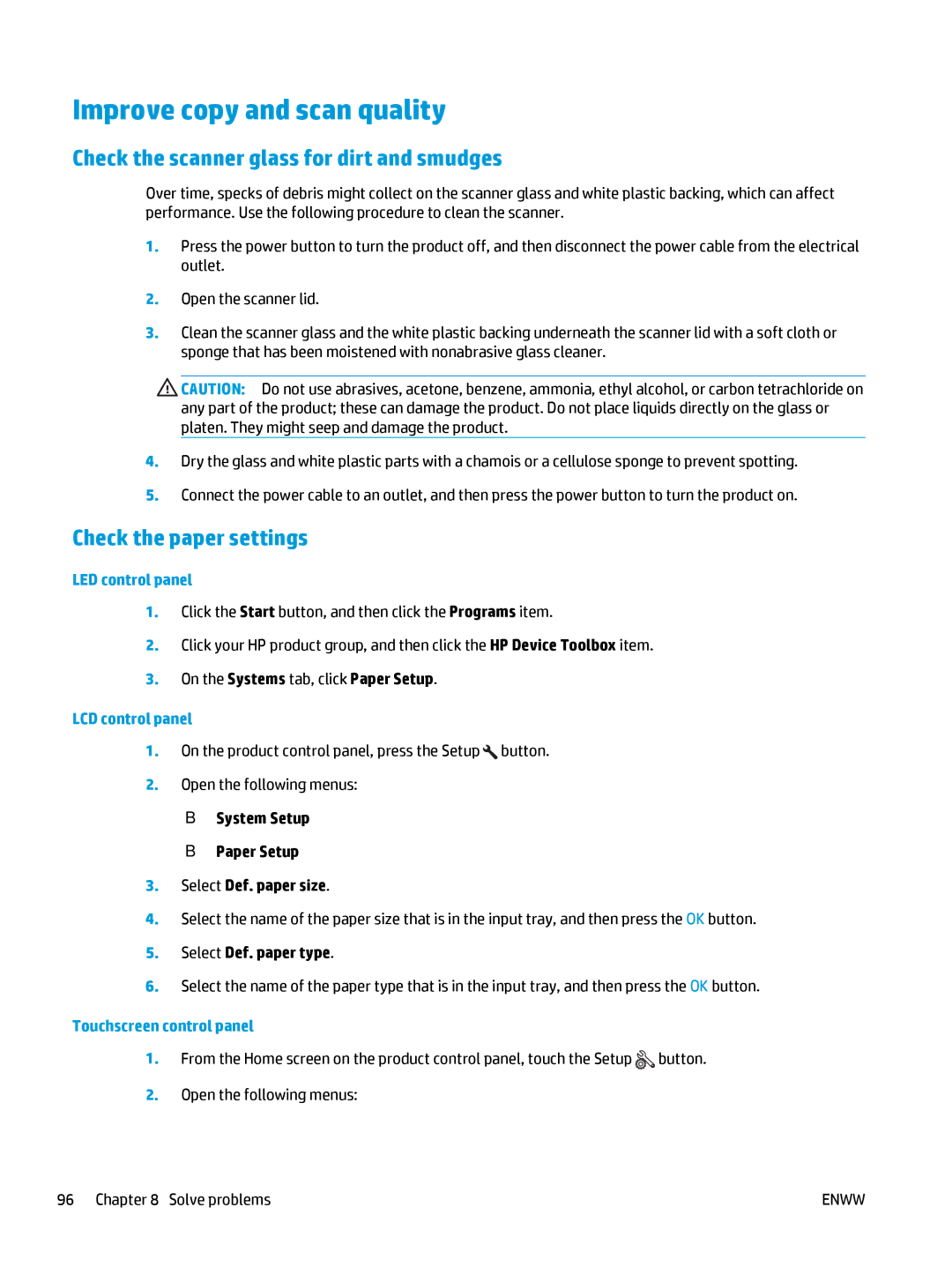 HP MFP M127fw manual Improve copy and scan quality, Check the scanner glass for dirt and smudges, Check the paper settings 