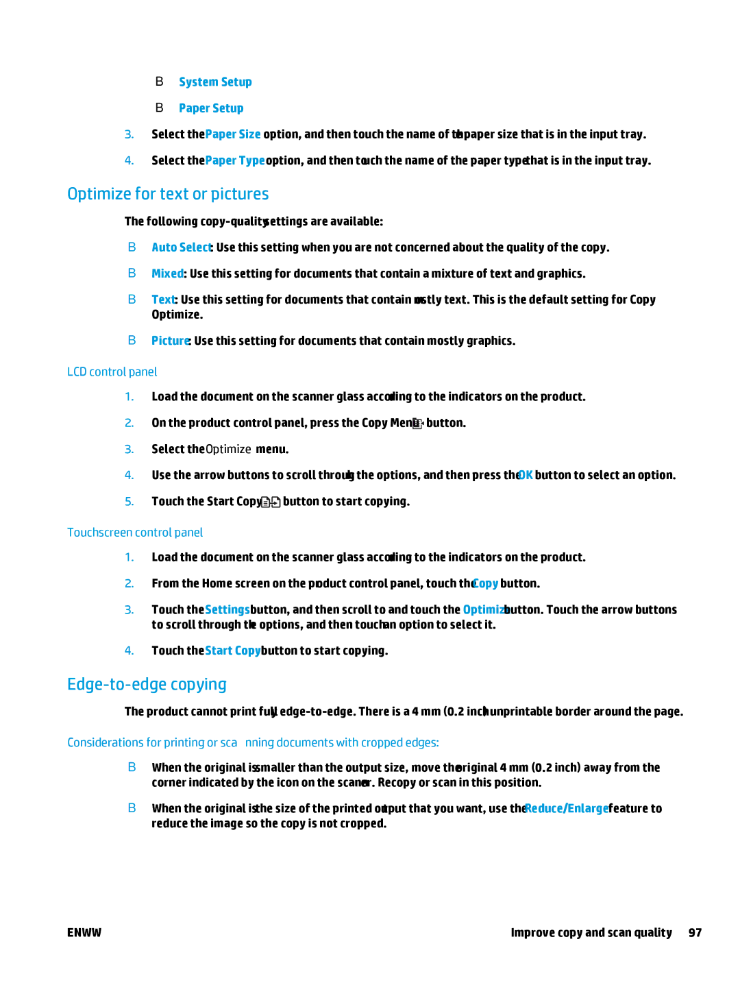 HP MFP M127fn Optimize for text or pictures, Edge-to-edge copying, System Setup Paper Setup, Improve copy and scan quality 