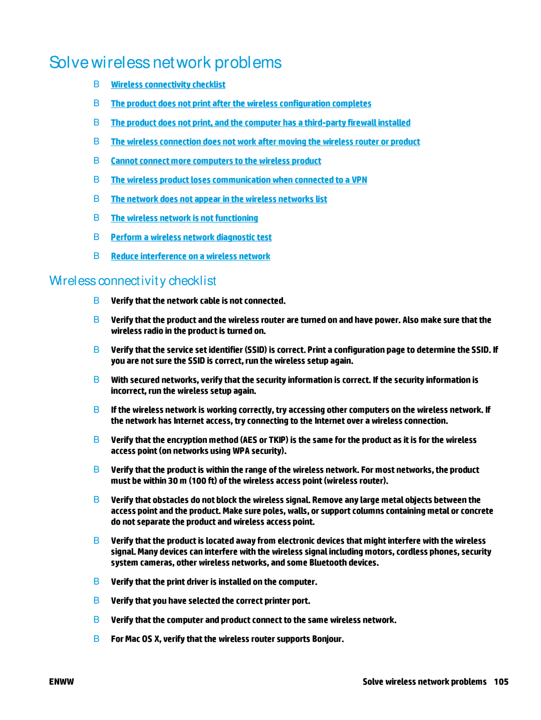 HP MFP M127fn, MFP M127fw manual Solve wireless network problems, Wireless connectivity checklist 