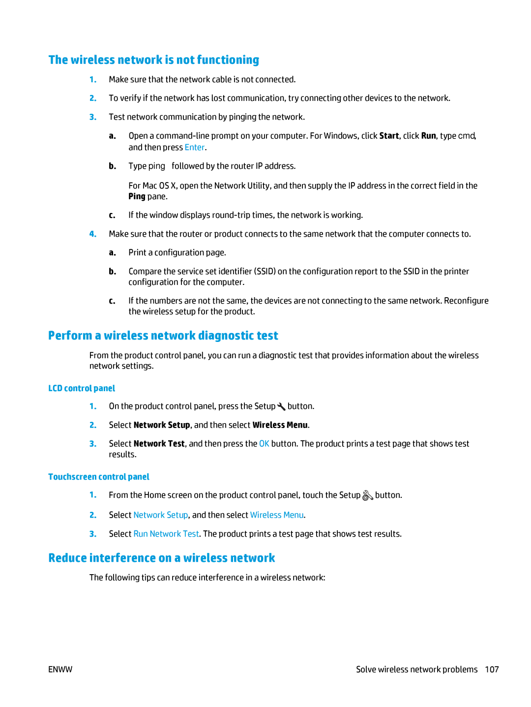 HP MFP M127fn, MFP M127fw manual Wireless network is not functioning, Perform a wireless network diagnostic test 