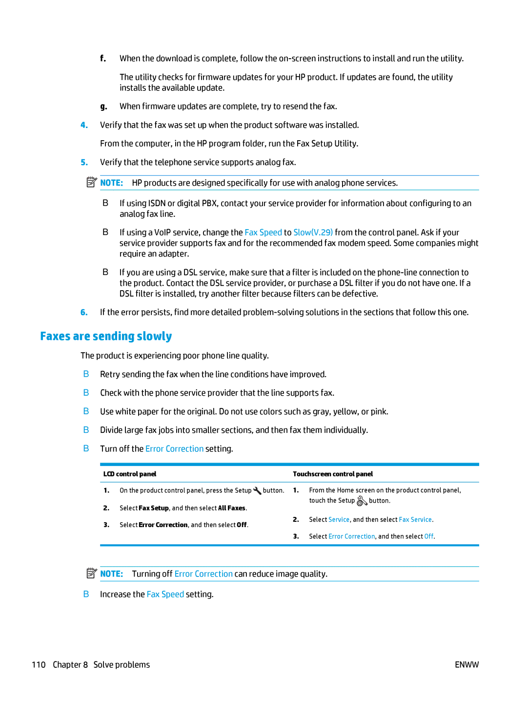 HP MFP M127fw, MFP M127fn manual Faxes are sending slowly, Increase the Fax Speed setting Solve problems 