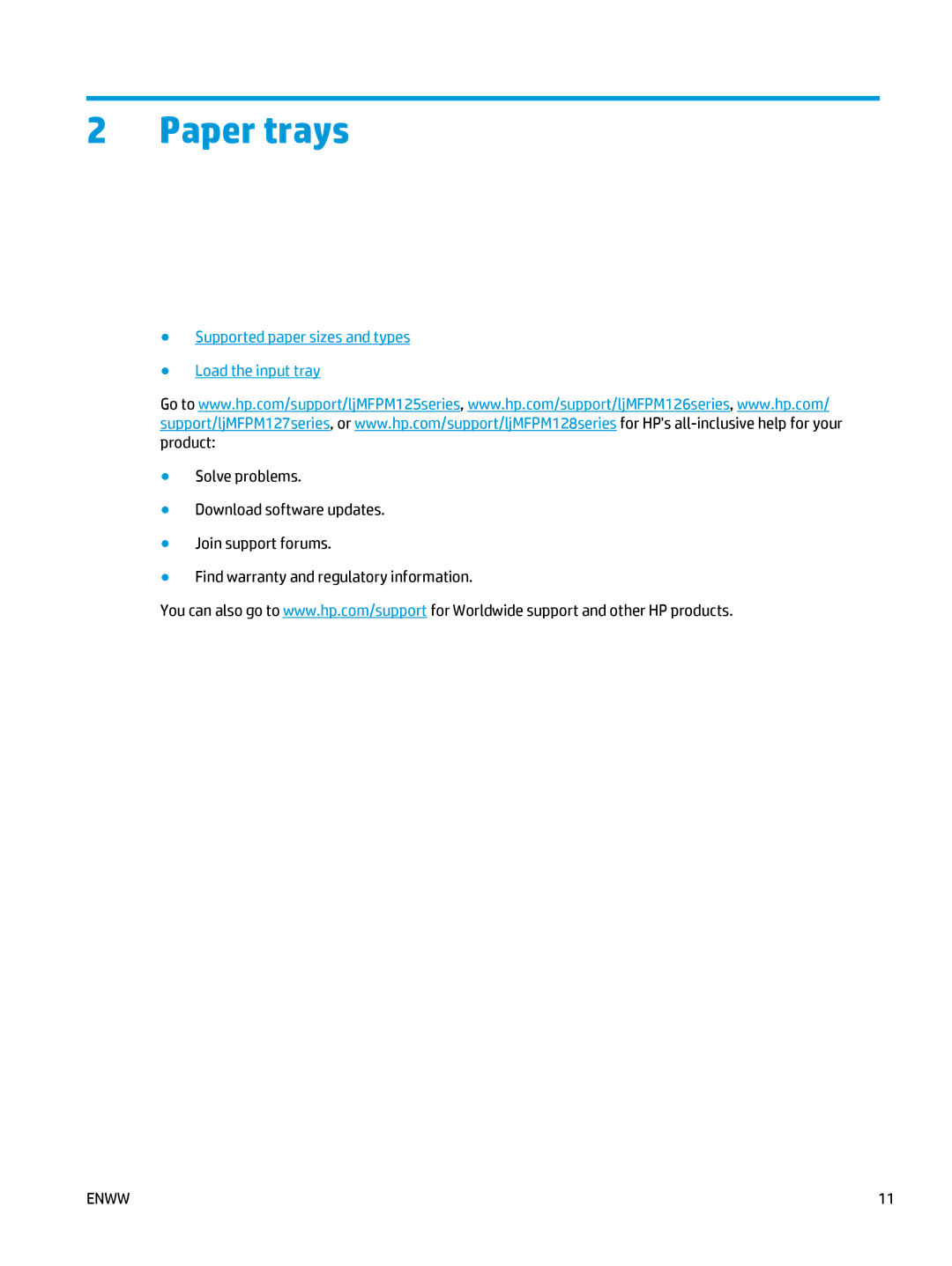 HP MFP M127fn, MFP M127fw manual Paper trays, Supported paper sizes and types Load the input tray 