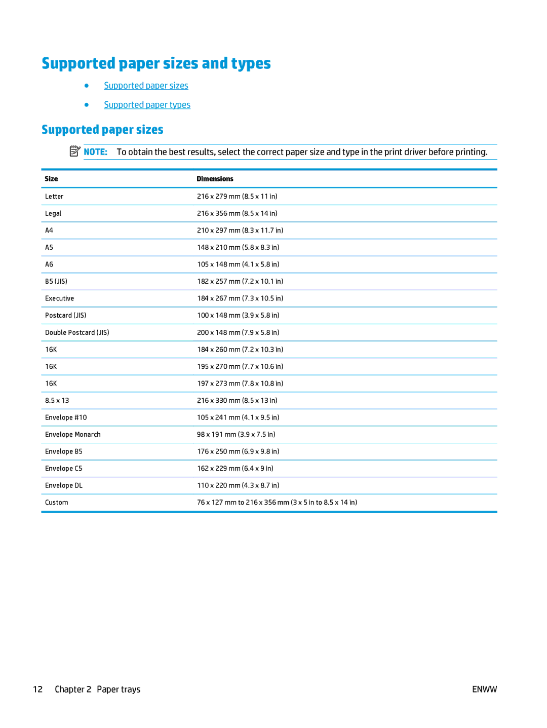 HP MFP M127fw Supported paper sizes and types, Supported paper sizes Supported paper types, Paper trays, Size Dimensions 