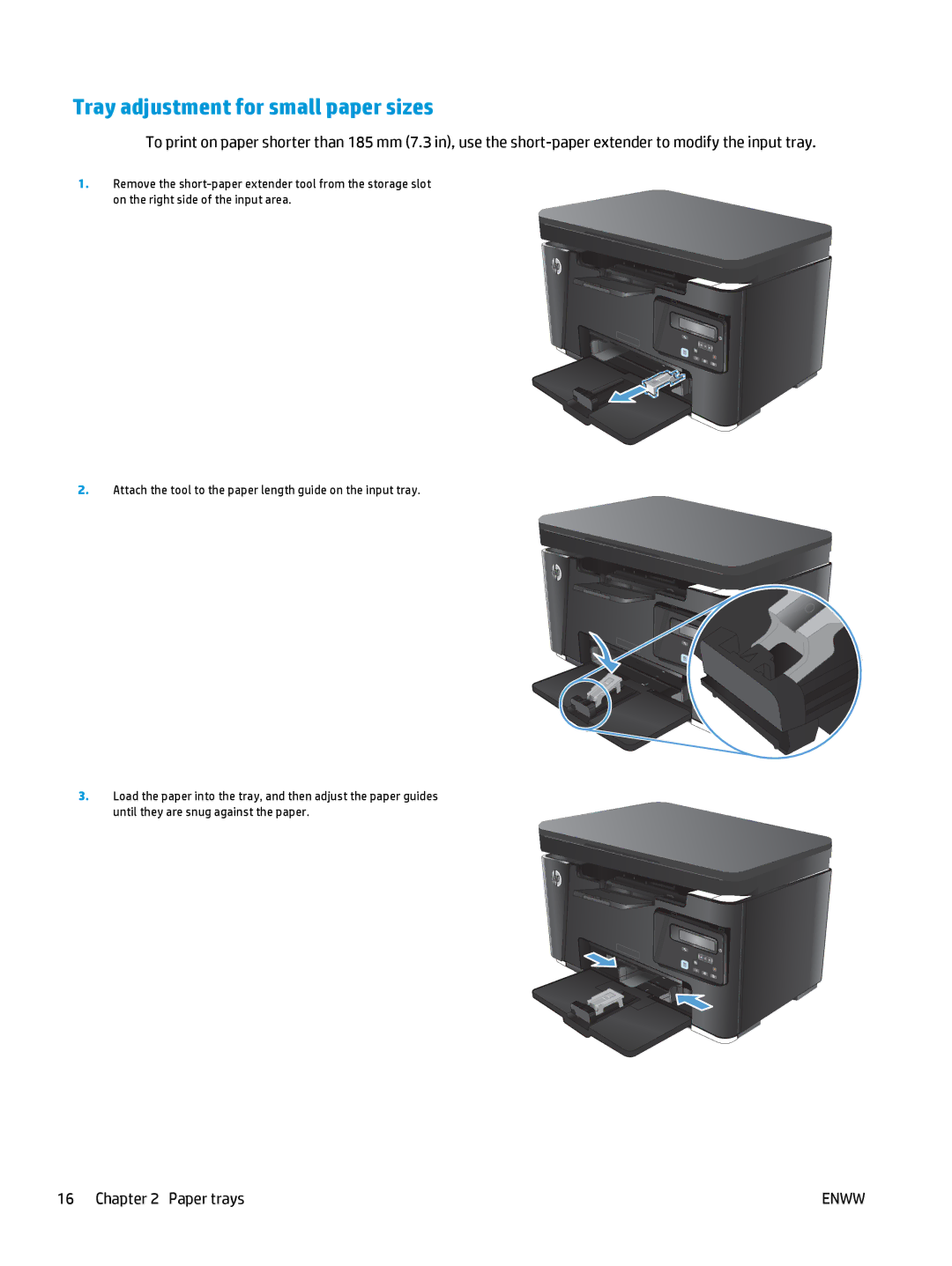 HP MFP M127fw, MFP M127fn manual Tray adjustment for small paper sizes 