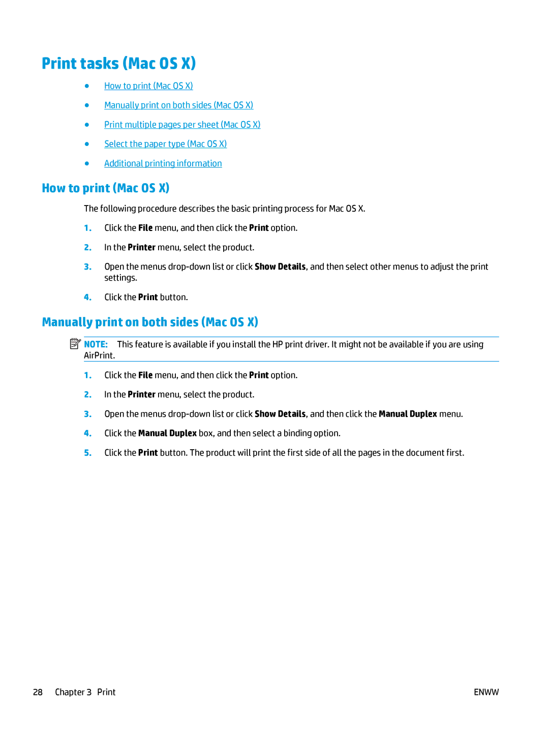 HP MFP M127fw, MFP M127fn manual Print tasks Mac OS, How to print Mac OS, Manually print on both sides Mac OS 