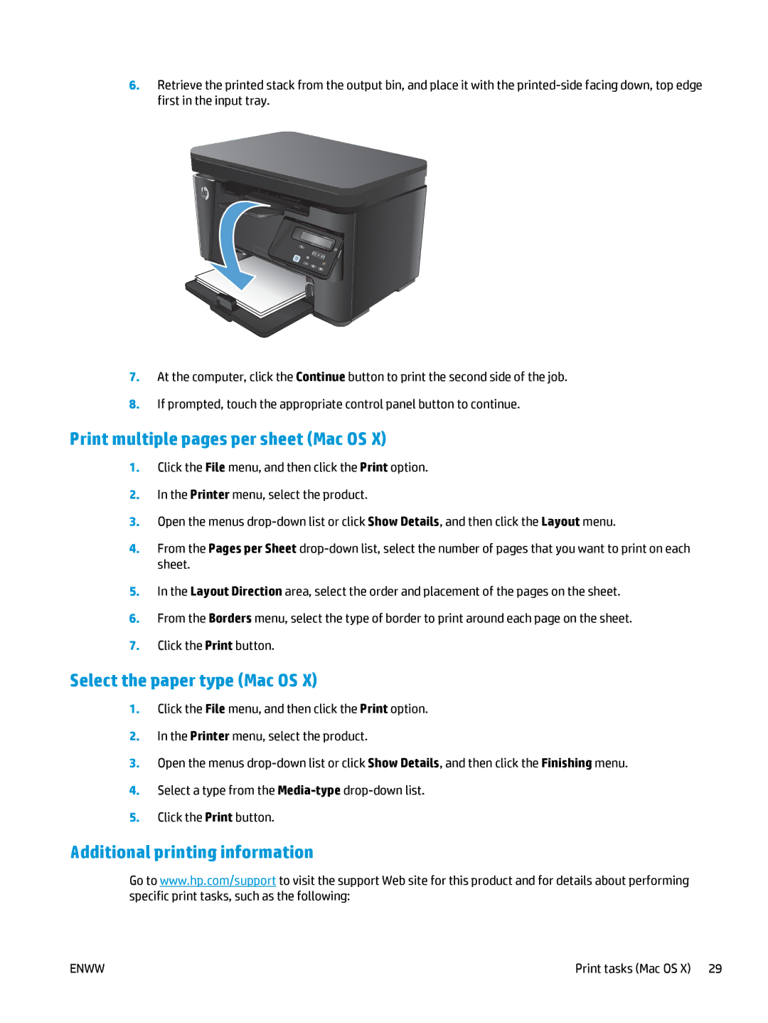 HP MFP M127fn, MFP M127fw manual Print multiple pages per sheet Mac OS, Select the paper type Mac OS, Print tasks Mac OS X 