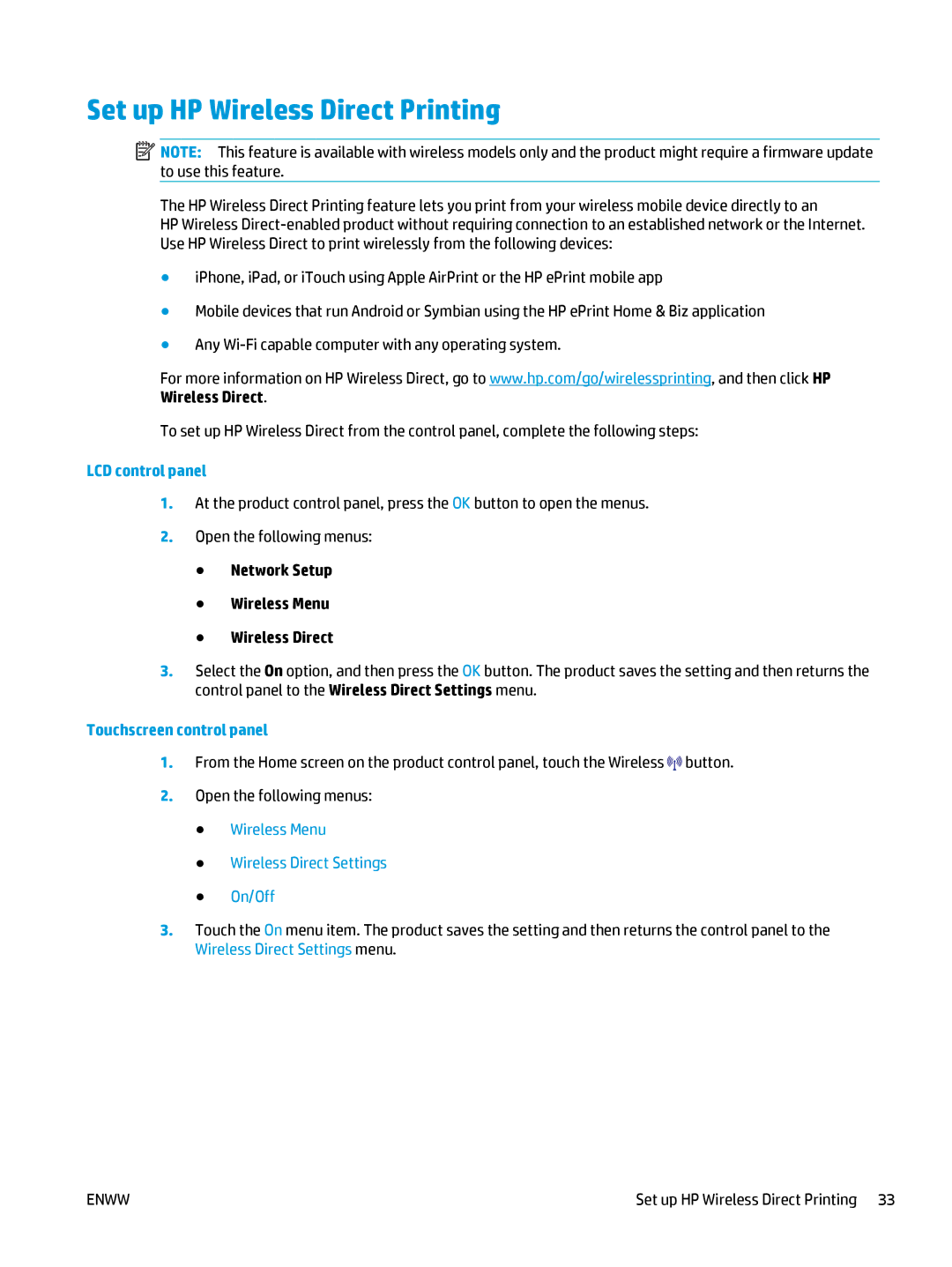 HP MFP M127fn, MFP M127fw manual Set up HP Wireless Direct Printing, Wireless Menu Wireless Direct Settings On/Off 