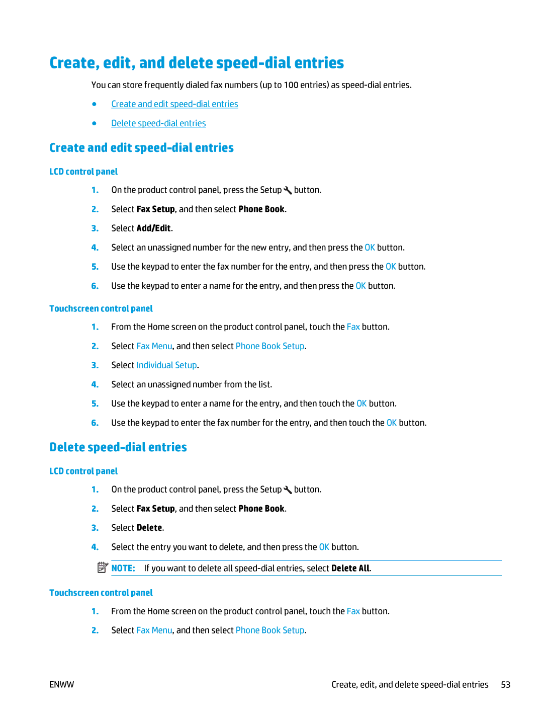 HP MFP M127fn Create, edit, and delete speed-dial entries, Create and edit speed-dial entries, Delete speed-dial entries 