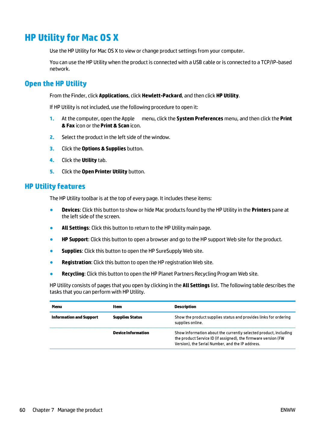 HP MFP M127fw, MFP M127fn manual HP Utility for Mac OS, Open the HP Utility, HP Utility features, Click the Utility tab 