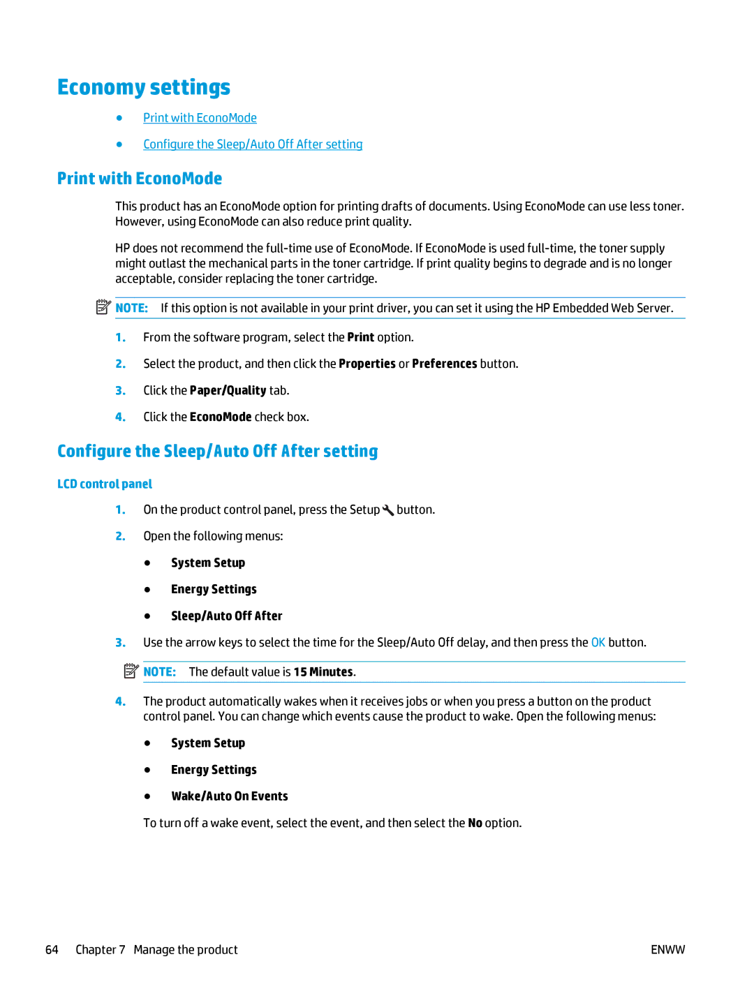 HP MFP M127fw, MFP M127fn manual Economy settings, Print with EconoMode, Configure the Sleep/Auto Off After setting 