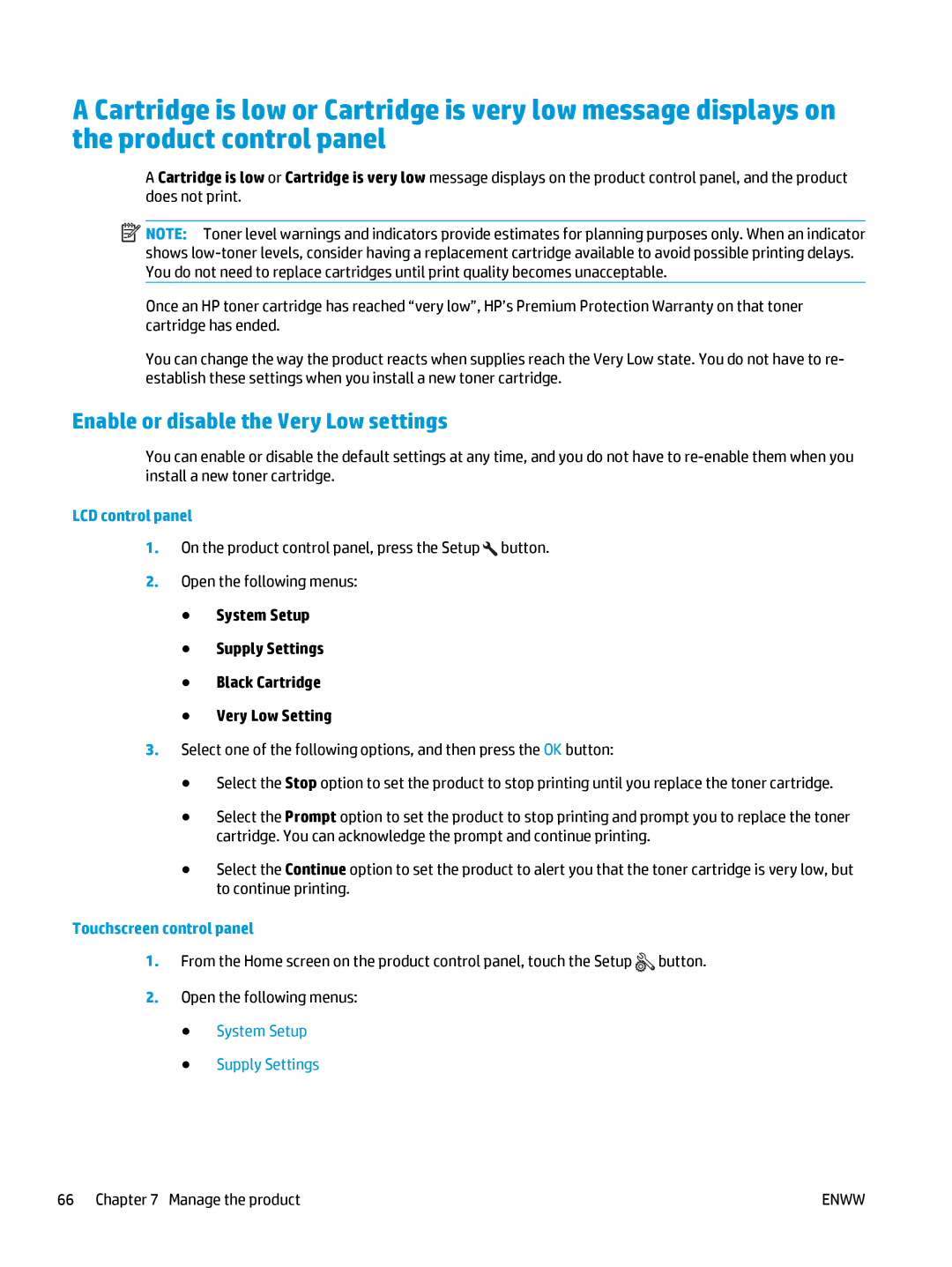 HP MFP M127fw, MFP M127fn manual Enable or disable the Very Low settings, System Setup Supply Settings 