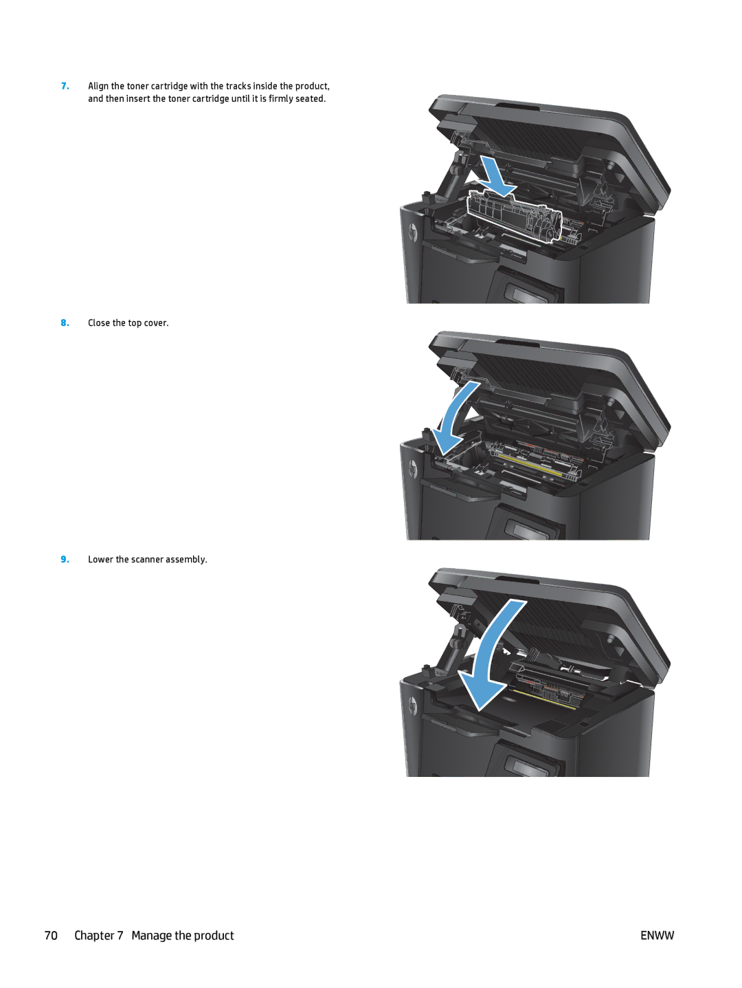 HP MFP M127fw, MFP M127fn manual Close the top cover Lower the scanner assembly 