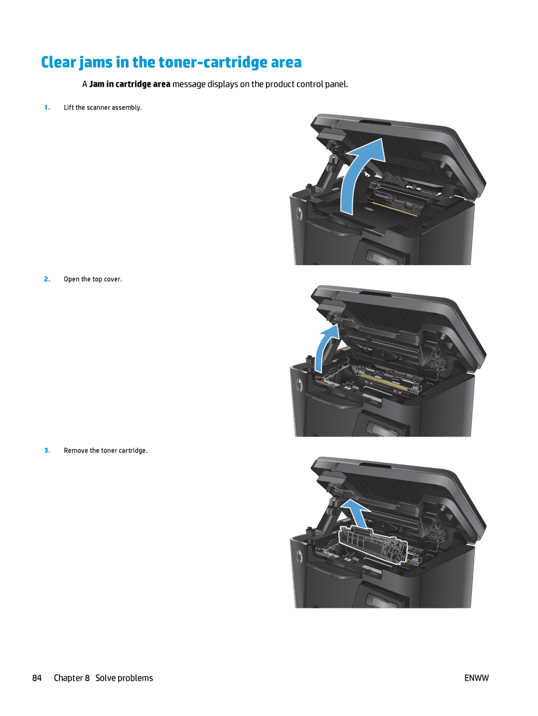 HP MFP M127fw, MFP M127fn manual Clear jams in the toner-cartridge area 