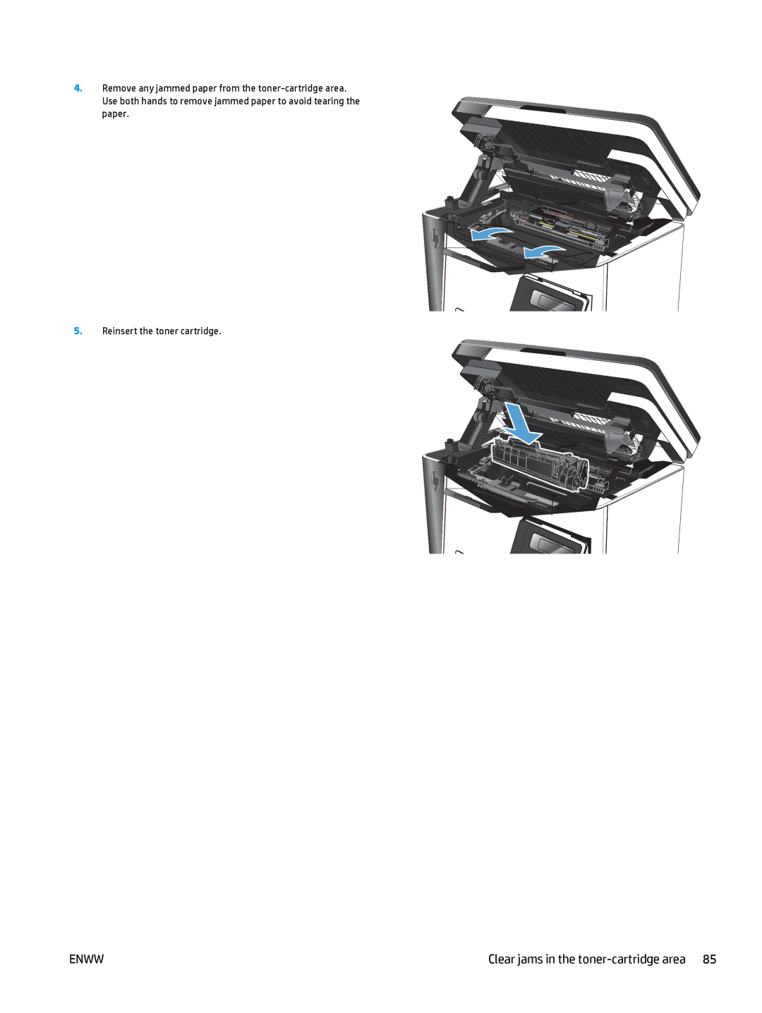 HP MFP M127fn, MFP M127fw manual Clear jams in the toner-cartridge area 