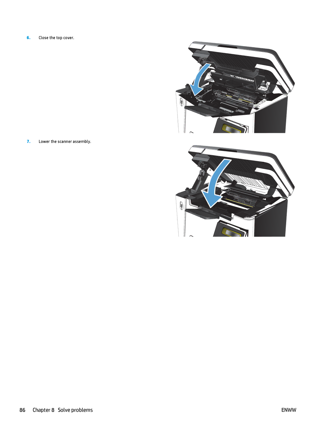 HP MFP M127fw, MFP M127fn manual Close the top cover Lower the scanner assembly 