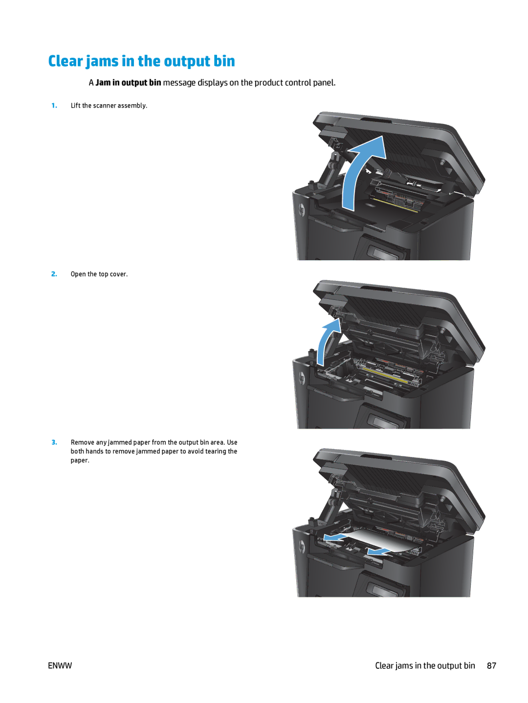 HP MFP M127fn, MFP M127fw manual Clear jams in the output bin 