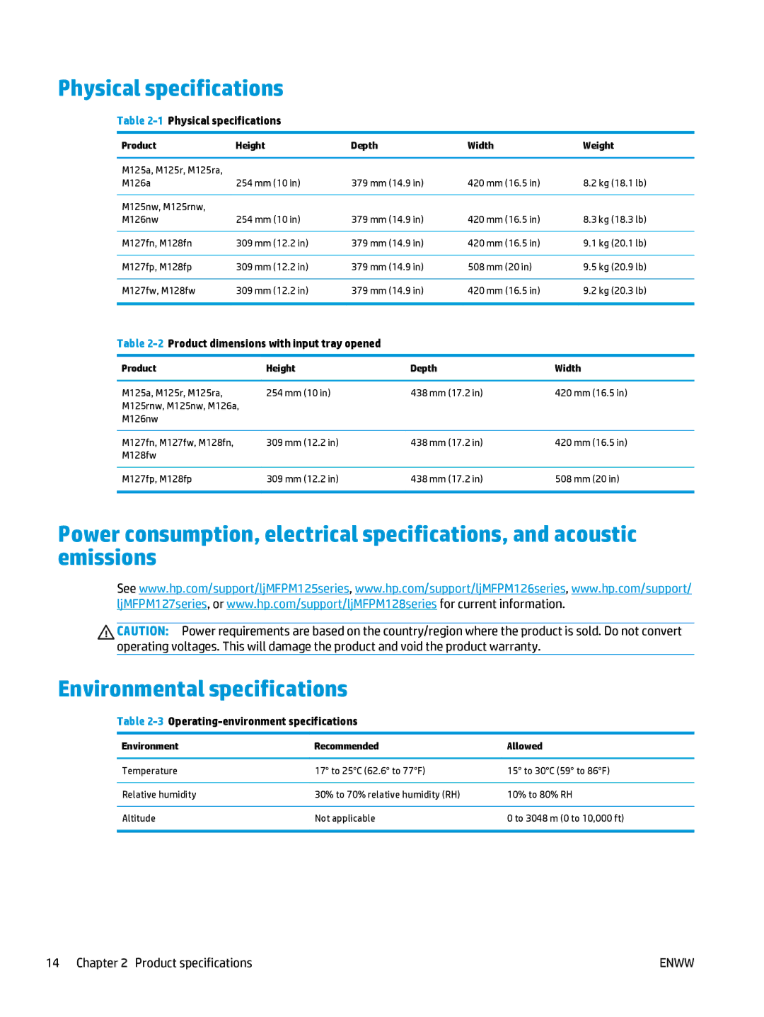 HP MFP M127fw, MFP M127fn manual 1Physical specifications 