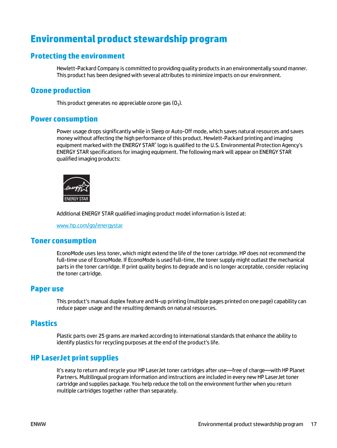 HP MFP M127fn, MFP M127fw manual Environmental product stewardship program 