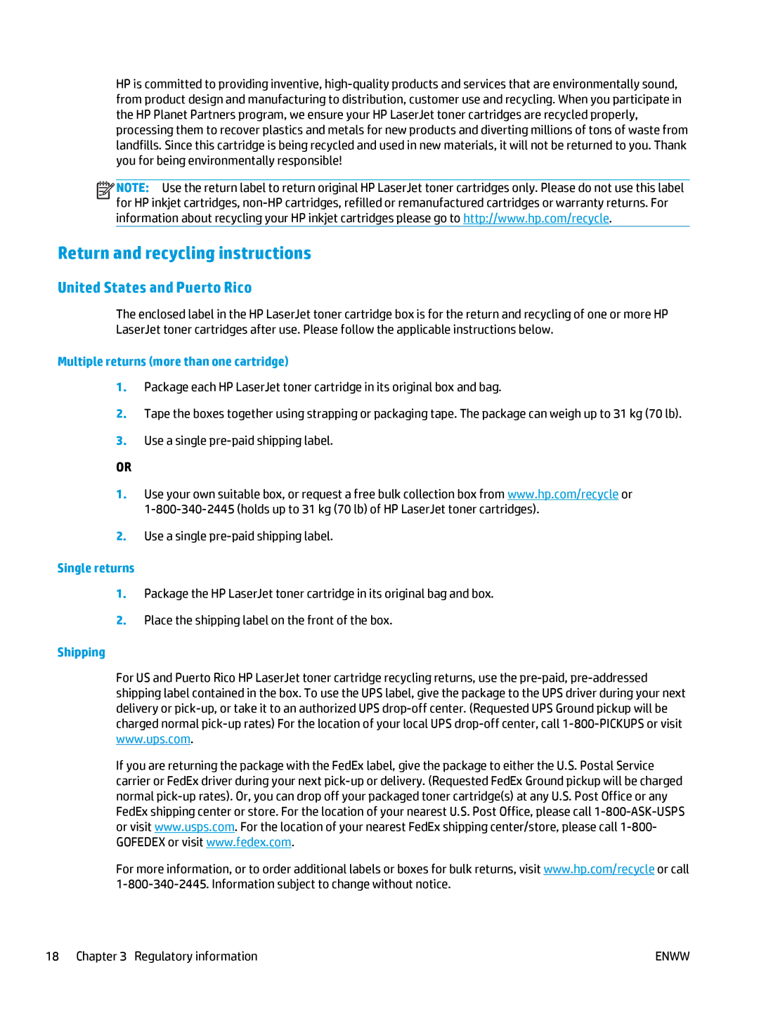 HP MFP M127fw, MFP M127fn manual Return and recycling instructions, United States and Puerto Rico 