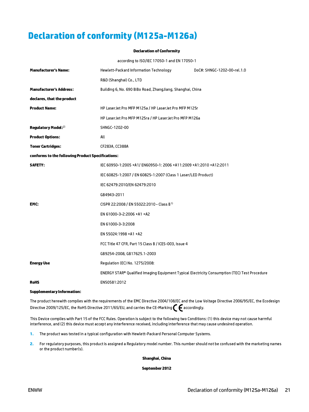 HP MFP M127fn, MFP M127fw manual Declaration of conformity M125a-M126a, Declares, that the product Product Name 