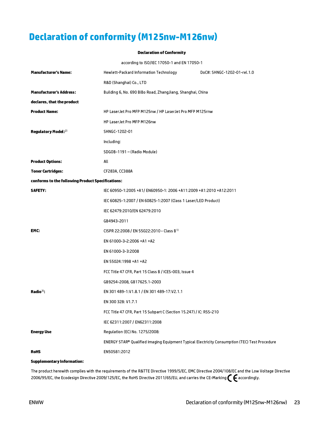 HP MFP M127fn, MFP M127fw manual Declaration of conformity M125nw-M126nw 