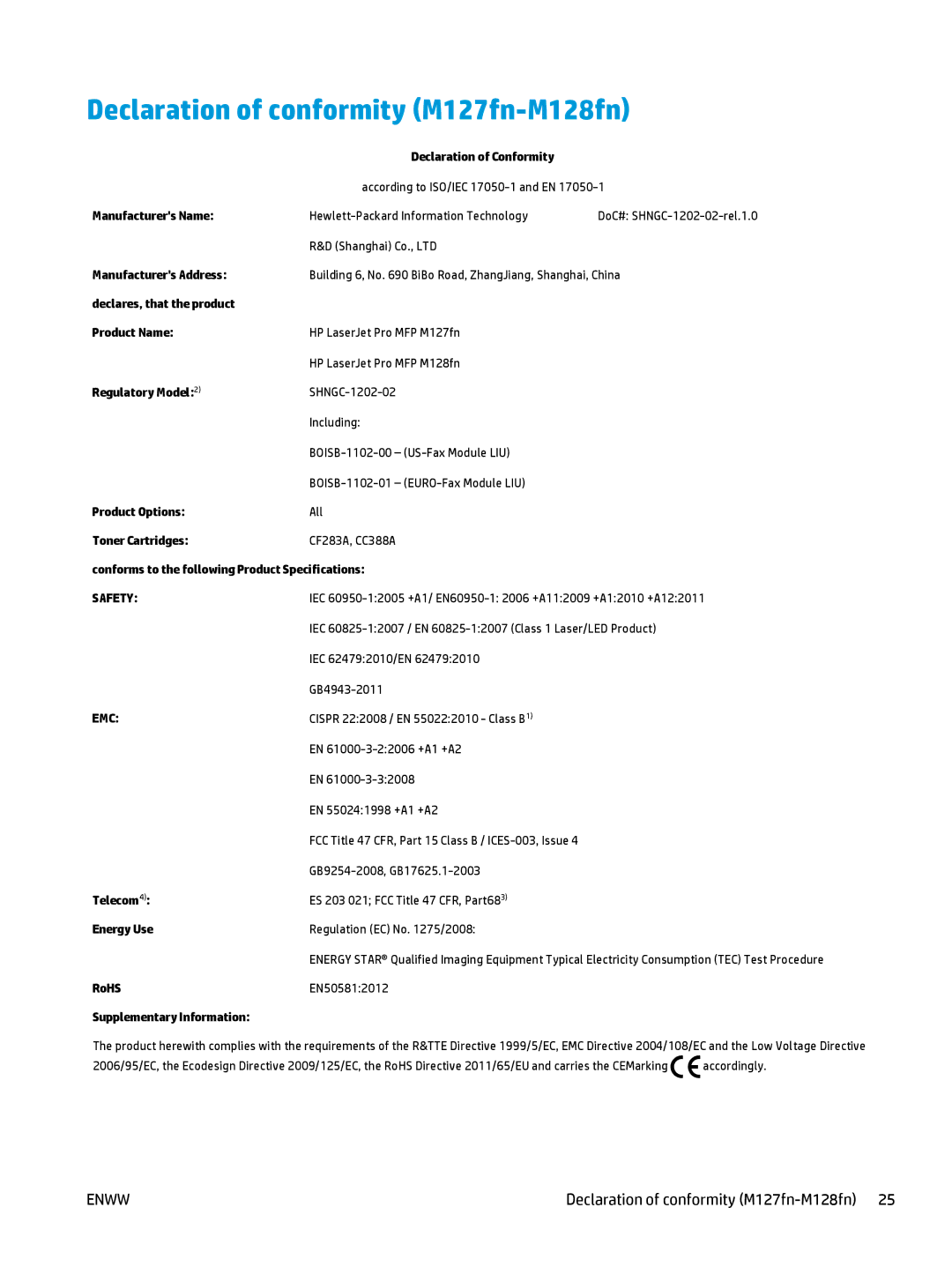 HP MFP M127fn, MFP M127fw manual Declaration of conformity M127fn-M128fn 