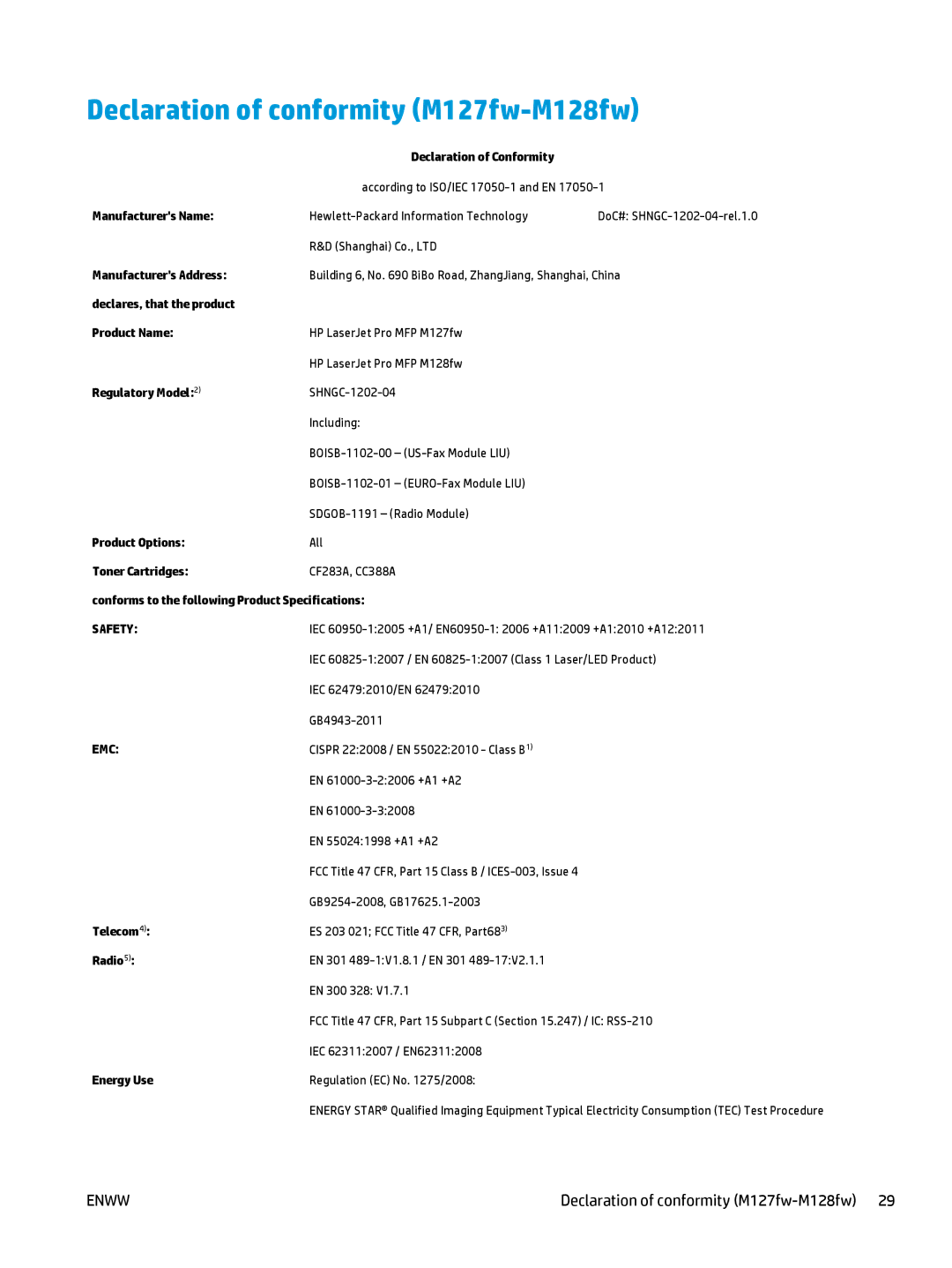 HP MFP M127fn, MFP M127fw manual Declaration of conformity M127fw-M128fw 