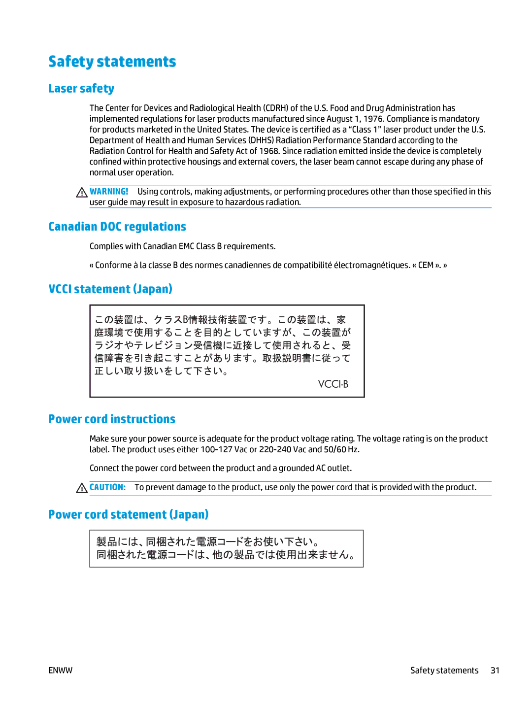 HP MFP M127fn Safety statements, Laser safety, Canadian DOC regulations, Vcci statement Japan Power cord instructions 