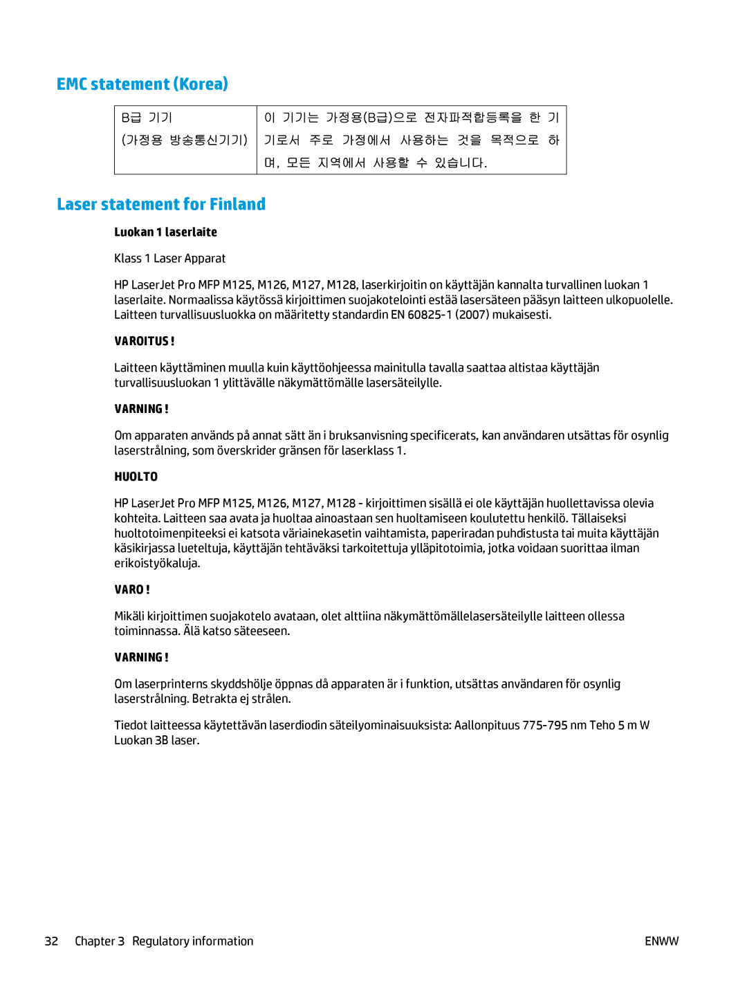 HP MFP M127fw, MFP M127fn manual EMC statement Korea Laser statement for Finland, Luokan 1 laserlaite 